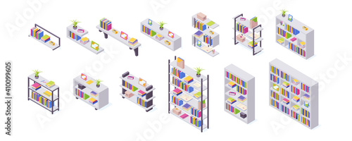 Books on shelf in isometric vector illustration set.