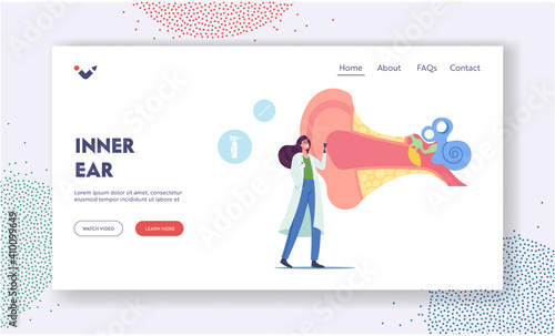 Ear Pain, Tinnitus Disease Treatment Landing Page Template. Tiny Doctor Audiologist with Instrument Check Huge Sick Ear