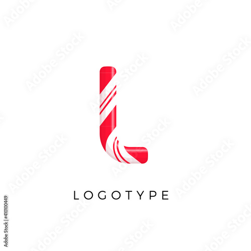 Candy letter L with bright red and white stripes. Like Sweet lollipop or funny cane. Vector latin symbol for logo and monogram. Branding typeset design