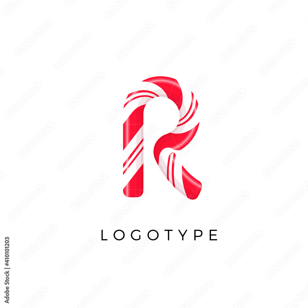 Candy letter R with bright red and white stripes. Like Sweet lollipop