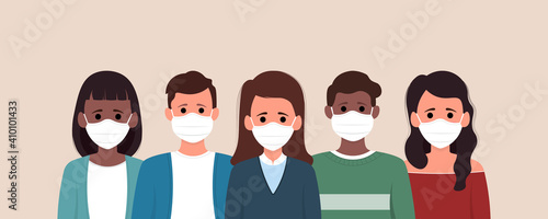 Group of people wearing medical mask to prevent from corona virus. Flat design
