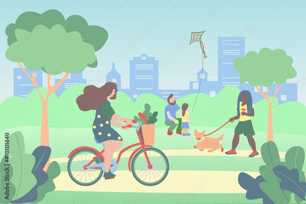 Naklejka premium People walking in the park. Girl riding a bake. Dad and daughter are flying a kite. African american girl walking the dog. Flat vector illustration