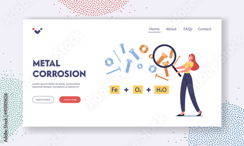 Oxide Rusty Coating Landing Page Template. Tiny Female Character Hold Huge Magnifier Look on Formula of Metal Corrosion