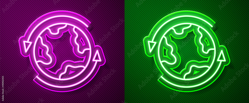 Obraz premium Glowing neon line Worldwide icon isolated on purple and green background. Pin on globe. Vector.