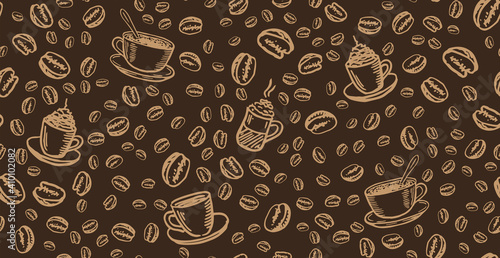 Coffee Cup and beans hand drawn style. Vector illustration.