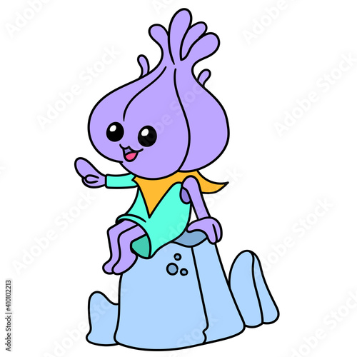 cute cartoon onion sitting on a rock, doodle icon image kawaii