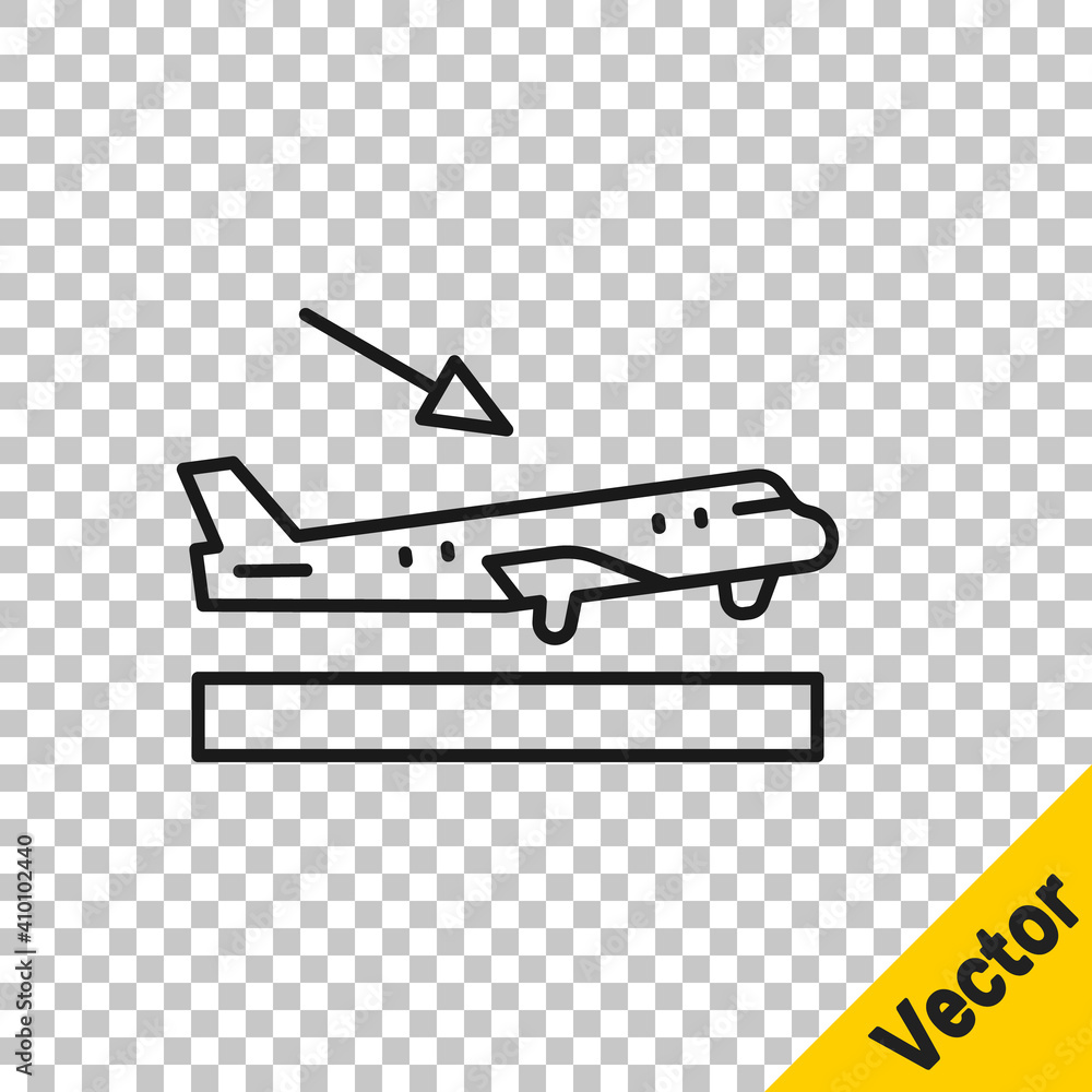 Black line Plane landing icon isolated on transparent background. Airplane transport symbol. Vector.
