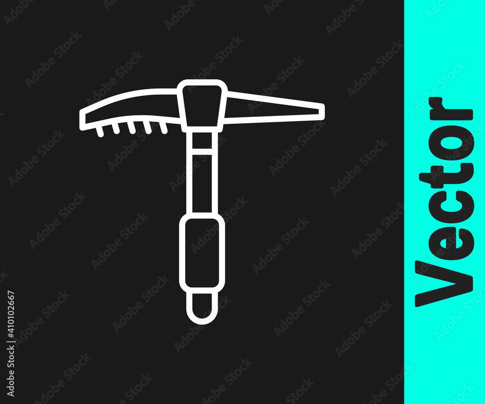 White line Ice axe icon isolated on black background. Montain climbing equipment. Vector. White line Ice axe icon isolated on black background. Montain climbing equipment. Vector.