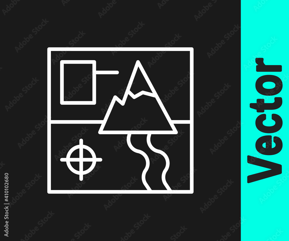 White line Folded map icon isolated on black background. Vector. White line Folded map icon isolated on black background. Vector.