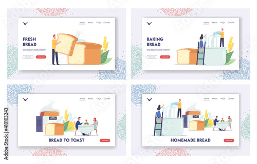 People Cooking and Eating Fresh Bakery Landing Page Template Set. Tiny Characters Cook Homemade Bread, Family Dining