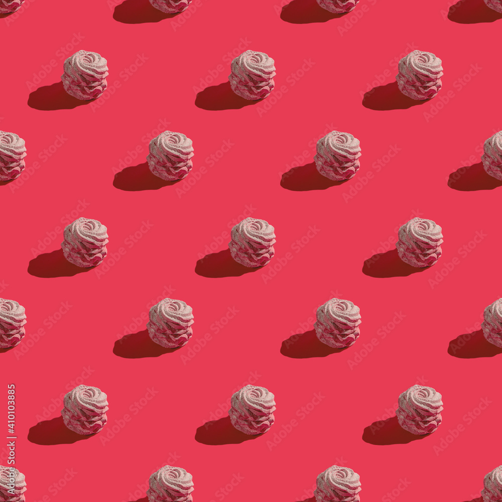 Berry homemade pink marshmallow on a bright colored background with hard shadows. Spring and summer organic dessert without sugar. Seamless pattern Berry homemade pink marshmallow on a bright colored background with hard shadows. Spring and summer organic dessert without sugar. Seamless pattern