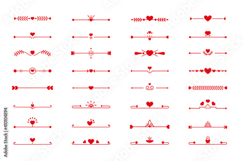 Heart divider red line border set. Graphic love decorative element for design book page, text wedding invitation card, certificate elegant decor for Valentine day Isolated on white vector illustration