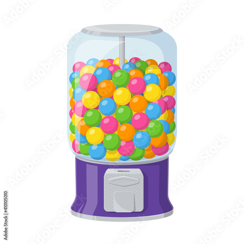 Gumball machine, dispenser with colored bubble gums isolated on white background. Vector cartoon illustration of purple vending machine with clear container full of round chewing candies and sweets