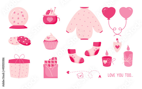Set of Valentines day elements in cartoon style. Sweater with hearts, sock, glass ball. Celebration accessories pink candle, chocolate, cupcake. Love romantic holidays. Isolated vector illustration