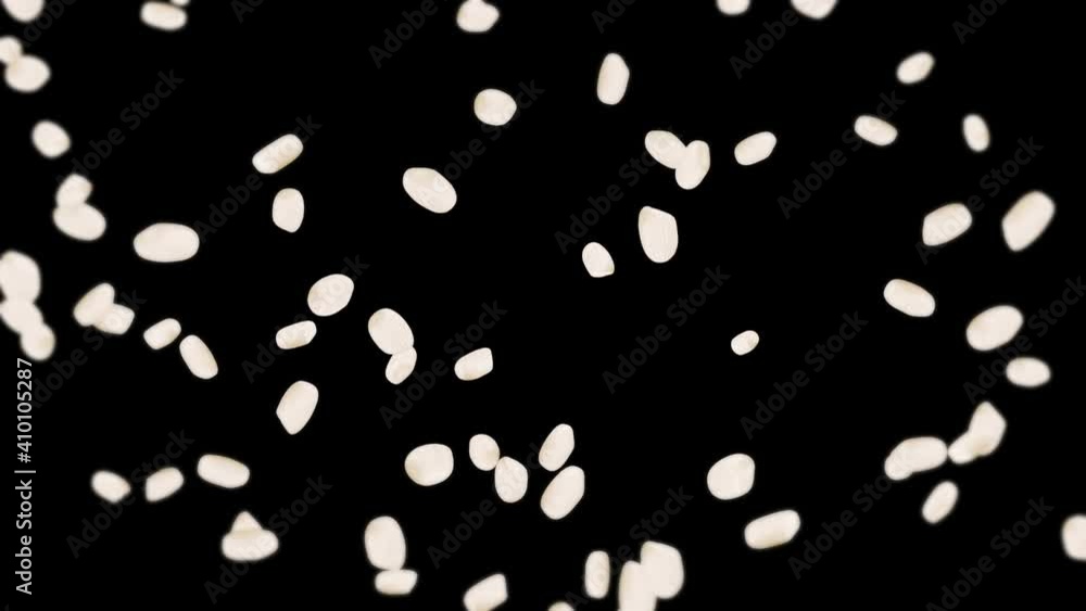 Flying many rice on black background. White rice grains. Glutinous rice. Vegetarian. Healthy food. 3D loop animation of rice rotating. Flying many rice on black background. White rice grains. Glutinous rice. Vegetarian. Healthy food. 3D loop animation of rice rotating.