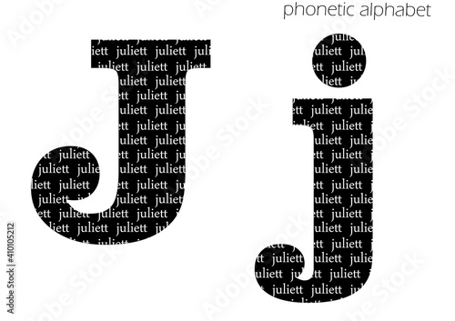 J (juliett) 3d illustration phonetic alphabet design for decoration in black and white