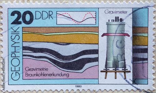 GERMANY, DDR - CIRCA 1980 : a postage stamp from Germany, GDR showing equipment and graphical representations for geophysics: gravimetry photo