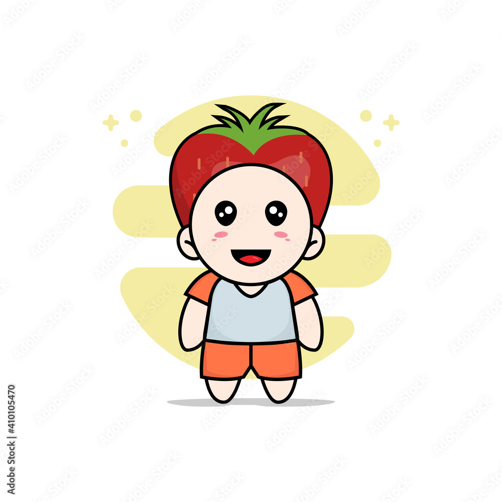 Cute kids character wearing strawberry costume.