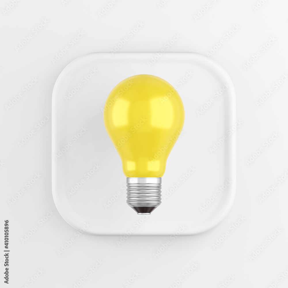 The icon is a realistic yellow light bulb, white square button. 3D rendering. The icon is a realistic yellow light bulb, white square button. 3D rendering.