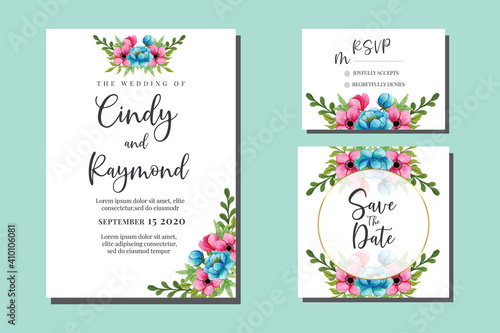 Wedding invitation frame set  floral watercolor hand drawn Peony Flower design Invitation Card Template