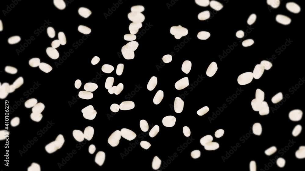 Flying many rice on black background. White rice grains. Glutinous rice. Vegetarian. Healthy food. 3D loop animation of rice rotating. Flying many rice on black background. White rice grains. Glutinous rice. Vegetarian. Healthy food. 3D loop animation of rice rotating.