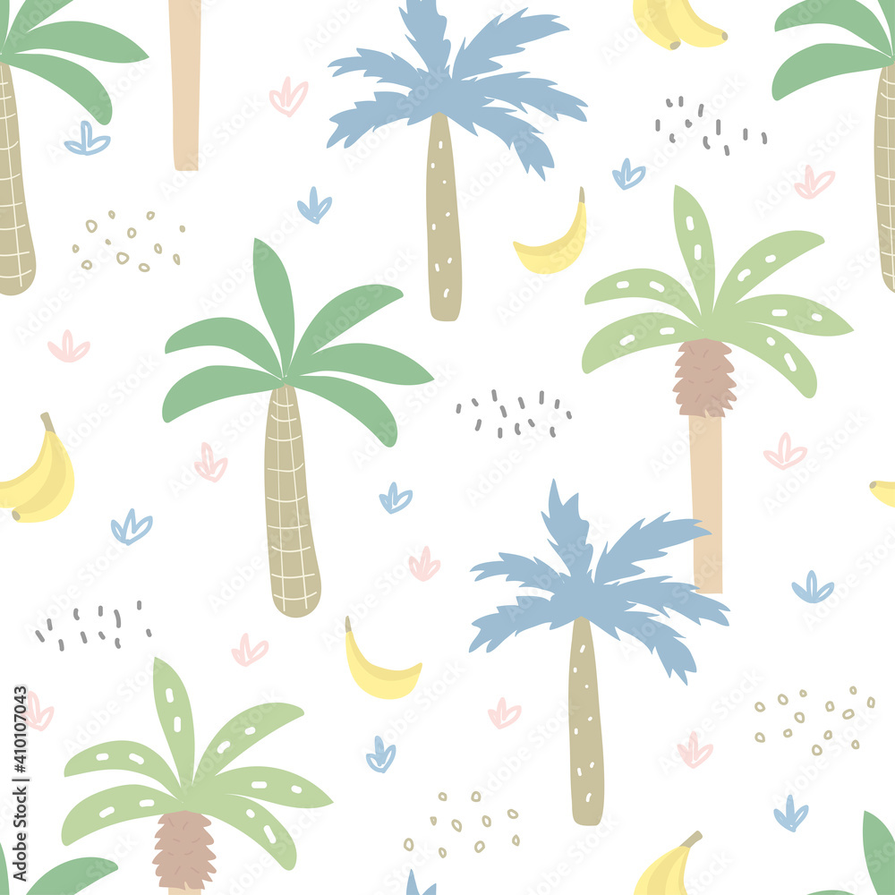 Seamless pattern with tropical palms. Childish cartoon texture. Great for baby product design