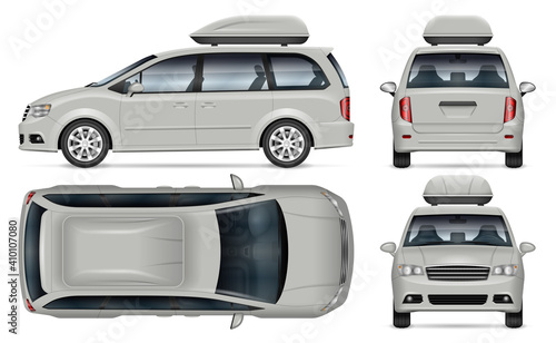 Minivan vector mockup on white background for vehicle branding, corporate identity. View from side, front, back, top. All elements in the groups on separate layers for easy editing and recolor
