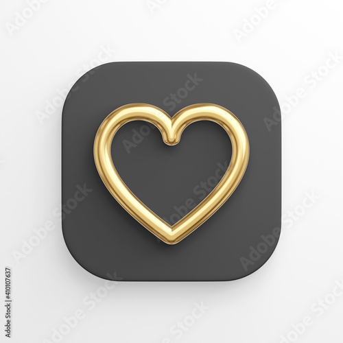 Icon golden heart contour line, black square button. 3D rendering. photo