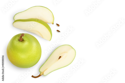 Green pear fruit with slices isolated on white background with clipping path. Top view with copy space for your text. Flat lay photo