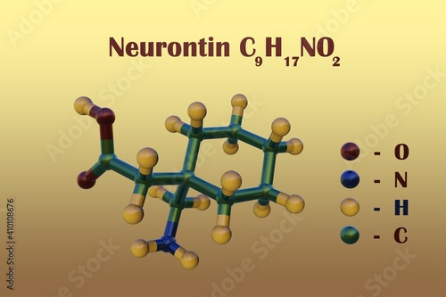 Structural chemical formula and molecular model of neurontin or gabapeptin, a drug used to treat nerve pain caused by a shingles infection called postherpetic neuralgia. 3d illustration photo