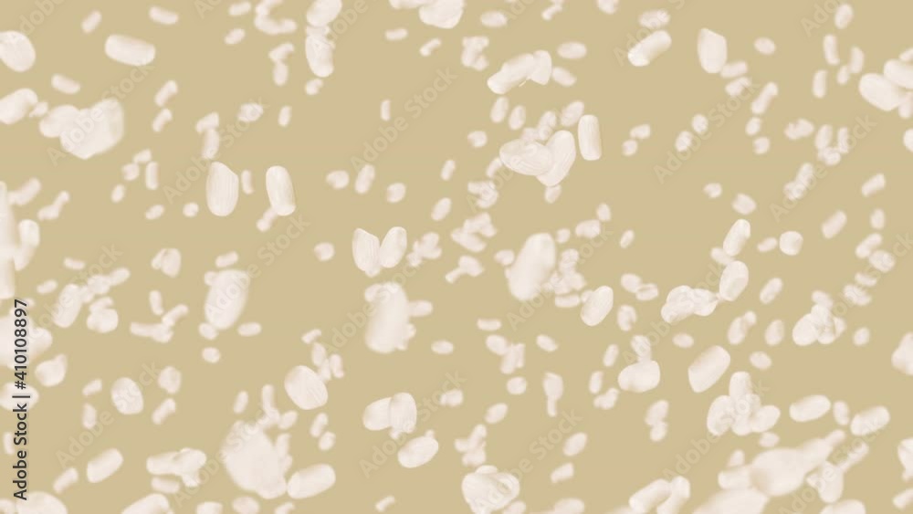 Flying many rice on brown background. White rice grains. Glutinous rice. Vegetarian. Healthy food. 3D loop animation of rice rotating. Flying many rice on brown background. White rice grains. Glutinous rice. Vegetarian. Healthy food. 3D loop animation of rice rotating.