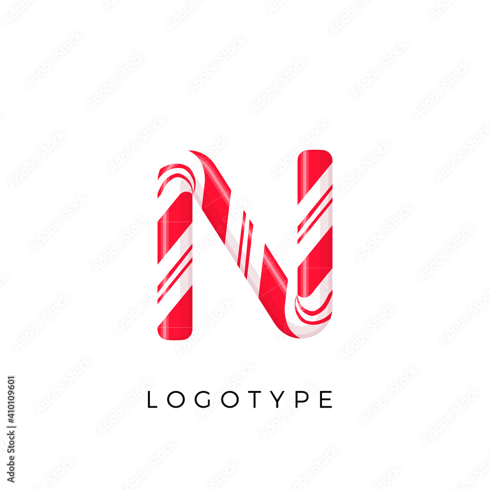 Fototapeta premium Candy letter N with bright red and white stripes. Like Sweet lollipop or funny cane. Vector latin symbol for logo and monogram. Branding typeset design