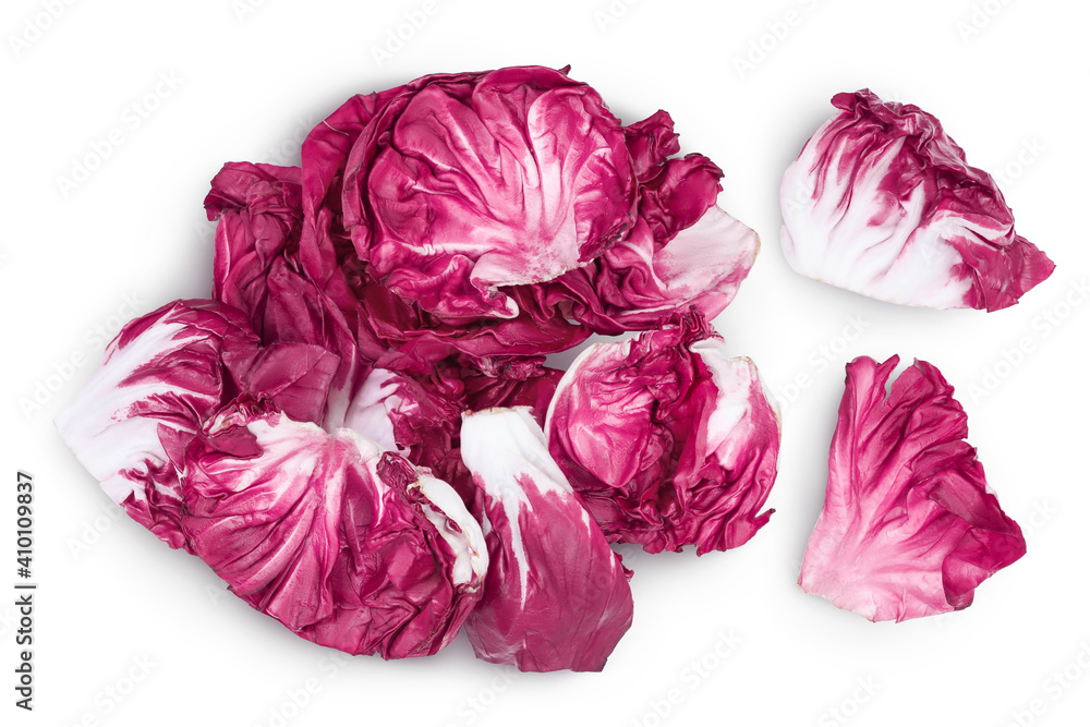 Fresh red radicchio salad leaf isolated on white background with clipping path and full depth of field, Top view. Flat lay Fresh red radicchio salad leaf isolated on white background with clipping path and full depth of field, Top view. Flat lay