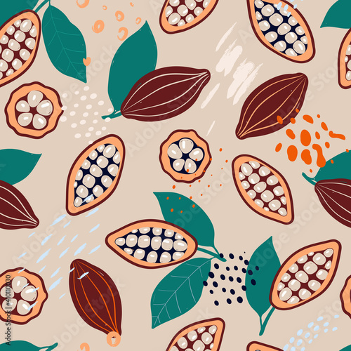 Doodle cocoa and abstract elements. Vector seamless pattern. Hand drawn illustrations.