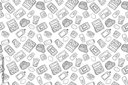 seamless pattern of various grocery items.package, box, can, pack, ingredient, fresh, food, vintage doodle line art hand draw style 
