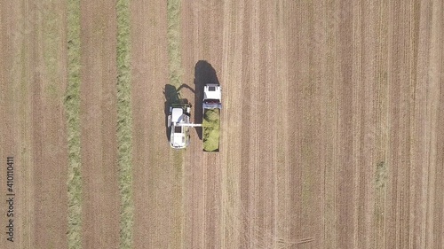 Combine picking and shredding harvested Wheat for Silage and unloads onto a double trailer truck, One minute top down Aerial footage.