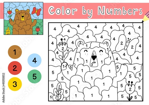 Color by numbers game for kids. Coloring page with a cute bear and flowers. Printable worksheet with solution for school and preschool. Learning numbers activity. Vector illustration