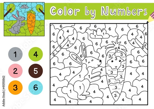 Color by numbers game for kids. Coloring page with a cute rabbit and carrot. Printable worksheet with solution for school and preschool. Learning numbers activity. Vector illustration