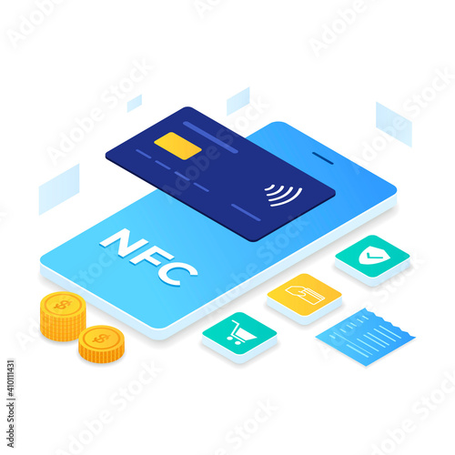 NFC Payment illustration isometric style. Illustration for websites, landing pages, mobile applications, posters and banners