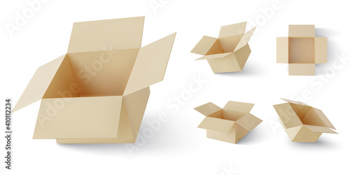 Set of realistic cardboard brown delivery boxes with shadow or postal parcel packaging isolated on white background. Vector illustration