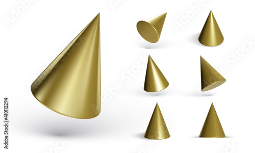 Set of geometric cones isolated on white background. 3d geometric shapes objects. Render decorative figure for design. Vector illustration