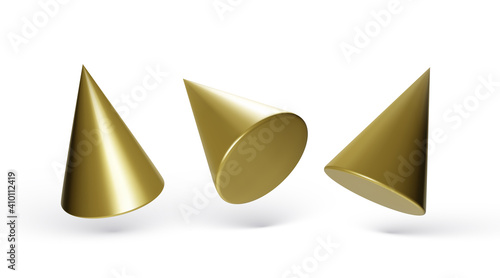 Collection of golden geometric cones isolated on white background. 3d geometric shapes objects. Render decorative figure for design. Vector illustration