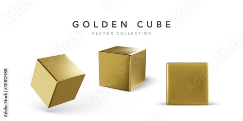 Collection of golden cubes with shadow isolated on white background. Gold color element. Vector illustration