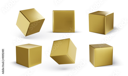 Set of golden 3d cubes, geometric gold square. Vector illustration