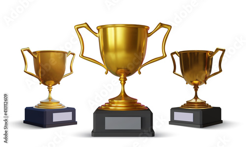 Set of gold champion cup with reflection and shadow isolated on white background. Sport tournament award. Vector illustration