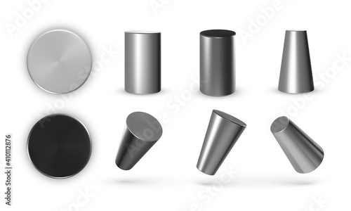 Set of metal geometric cylinders isolated on white background. Realistic geometry elements. 3d geometric shapes objects. Render decorative figure for design. Vector illustration