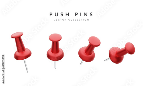 Collection of various red push pins isolated on white background. Set of thumbtacks. Top view. Close up. Vector illustration.
