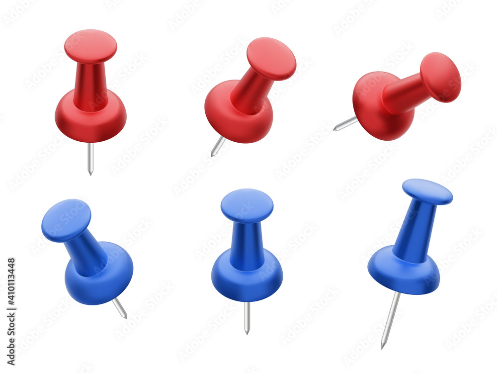 Collection of various red and blue push pins isolated on white background. Set of thumbtacks. Top view. Close up. Vector illustration. Collection of various red and blue push pins isolated on white background. Set of thumbtacks. Top view. Close up. Vector illustration.