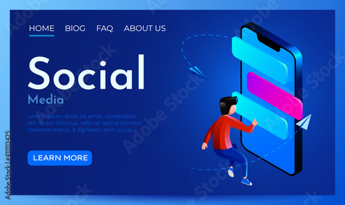 People fly around smartphone witch chat bubbles. Social media, messaging or online support concept. Landing page website template.