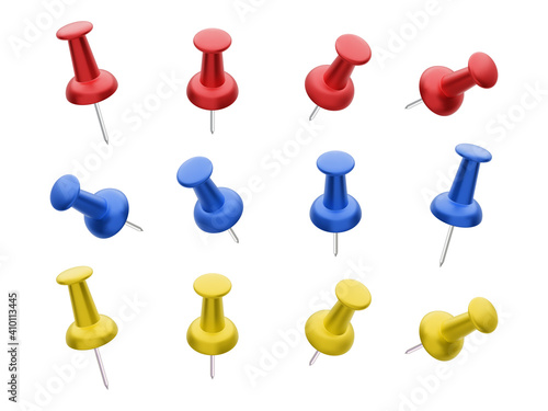 Collection of various red, yellow and blue push pins isolated on white background. Set of thumbtacks. Top view. Close up. Vector illustration.